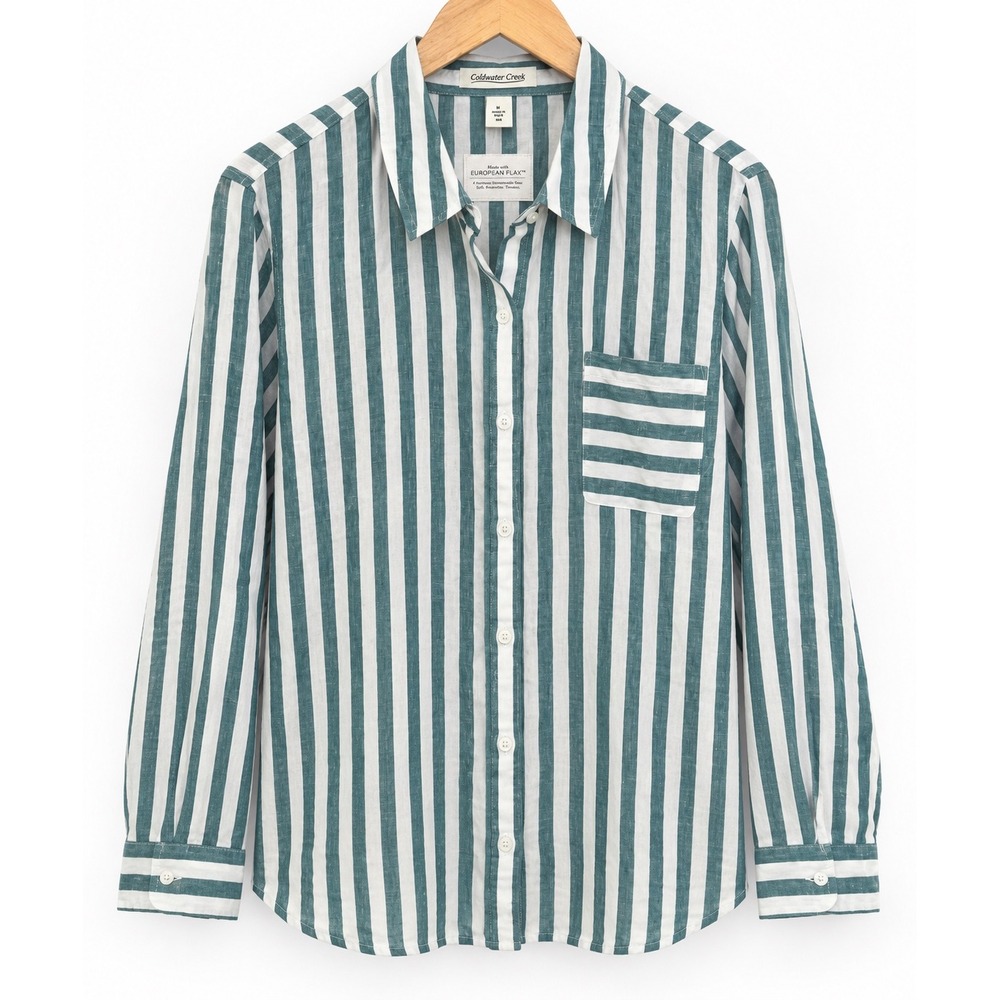 Coldwater Creek Women XL Linen Striped Button Down Shirt Teal European Flax NWT